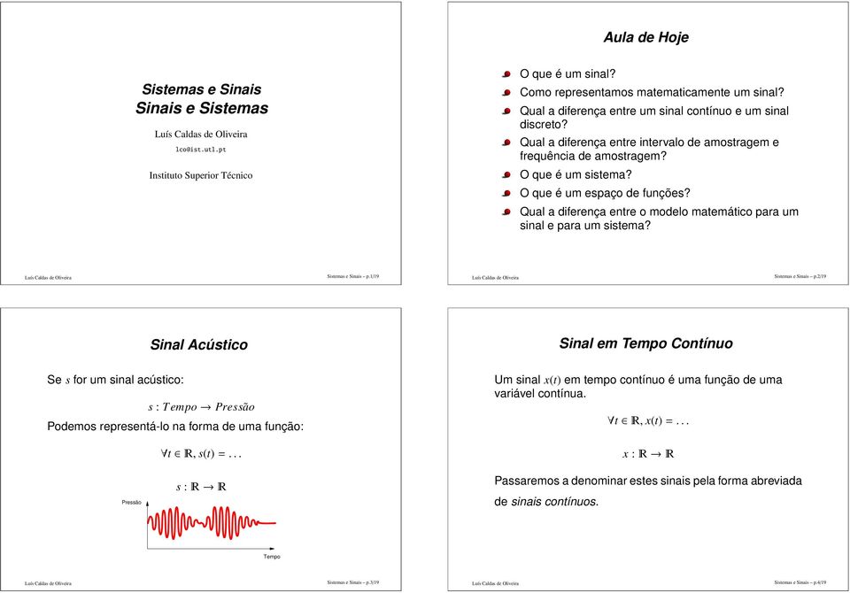 Qual a diferença entre o modelo matemático para um sinal e para um sistema? Sistemas e Sinais p.1/19 Sistemas e Sinais p.
