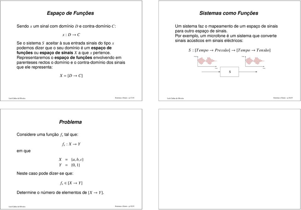 Representaremos o espaço de funções envolvendo em parenteses rectos o domínio e o contra-domínio dos sinais que ele representa: X= [D C] Um sistema faz o mapeamento de um espaço de sinais para outro