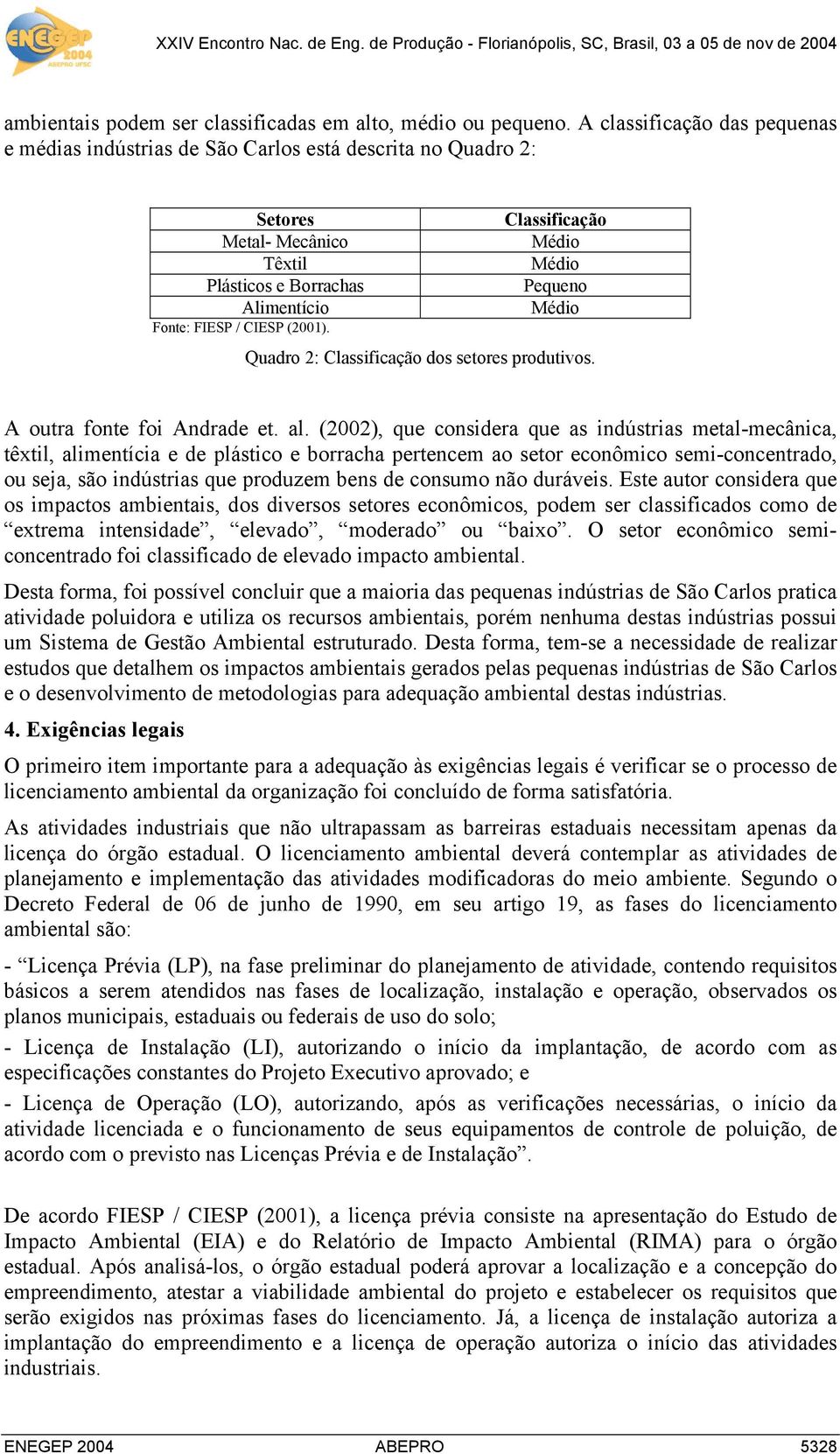 Classificação Médio Médio Pequeno Médio Quadro 2: Classificação dos setores produtivos. A outra fonte foi Andrade et. al.