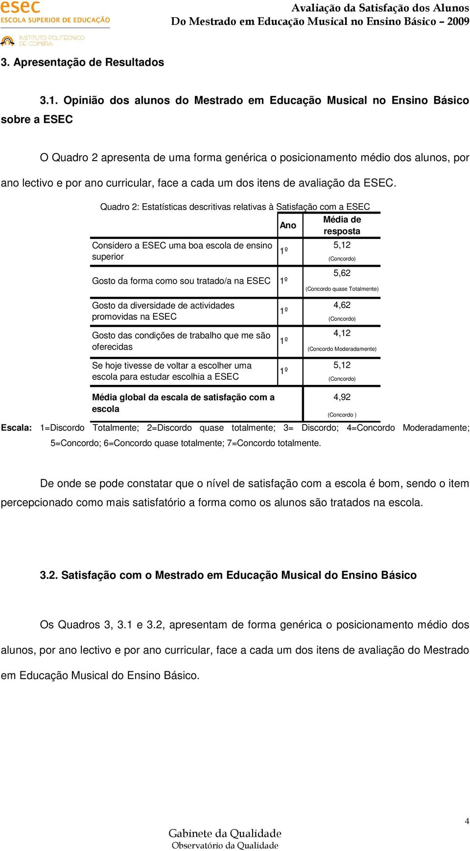 dos itens de avaliação da ESEC.