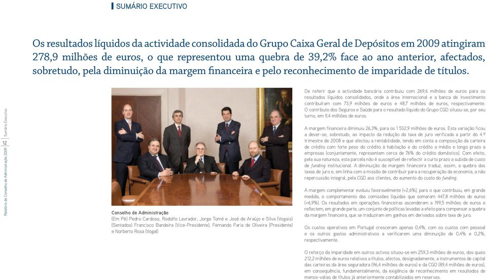 Sumário Executivo 12 Relatório do Conselho de Administração 2009 Conselho de Administração (Em Pé) Pedro Cardoso, Rodolfo Lavrador, Jorge Tomé e José de Araújo e Silva (Vogais) (Sentados) Francisco