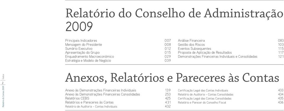 Relatório & Contas 2009 Índice Anexo às Demonstrações Financeiras Individuais 139 Anexo às Demonstrações Financeiras Consolidadas 253 Relatórios cebs 425 Relatórios e Pareceres às Contas 431