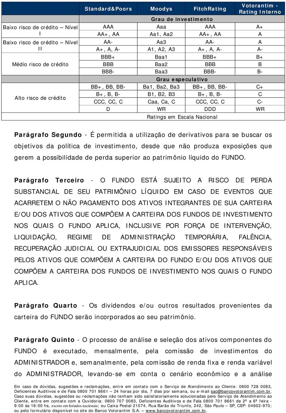 B, B- B1, B2, B3 B+, B, B- C CCC, CC, C Caa, Ca, C CCC, CC, C C- D WR DDD WR Ratings em Escala Nacional Parágrafo Segundo - É permitida a utilização de derivativos para se buscar os objetivos da