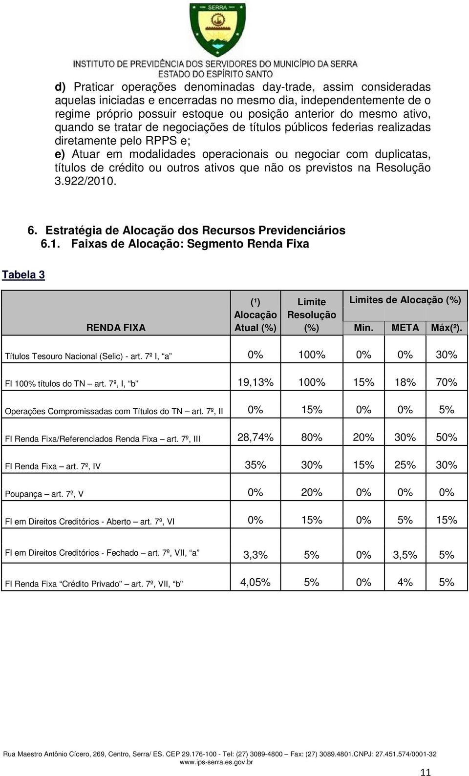 que não os previstos na Resolução 3.922/2010. 6. Estratégia de Alocação dos Recursos Previdenciários 6.1. Faixas de Alocação: Segmento Renda Fixa Tabela 3 RENDA FIXA (¹) Alocação Atual (%) Limite Resolução (%) Limites de Alocação (%) Min.