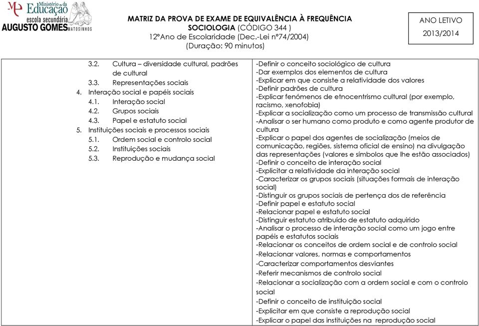 Reprodução e mudança social -Definir o conceito sociológico de cultura -Dar exemplos dos elementos de cultura -Explicar em que consiste a relatividade dos valores -Definir padrões de cultura