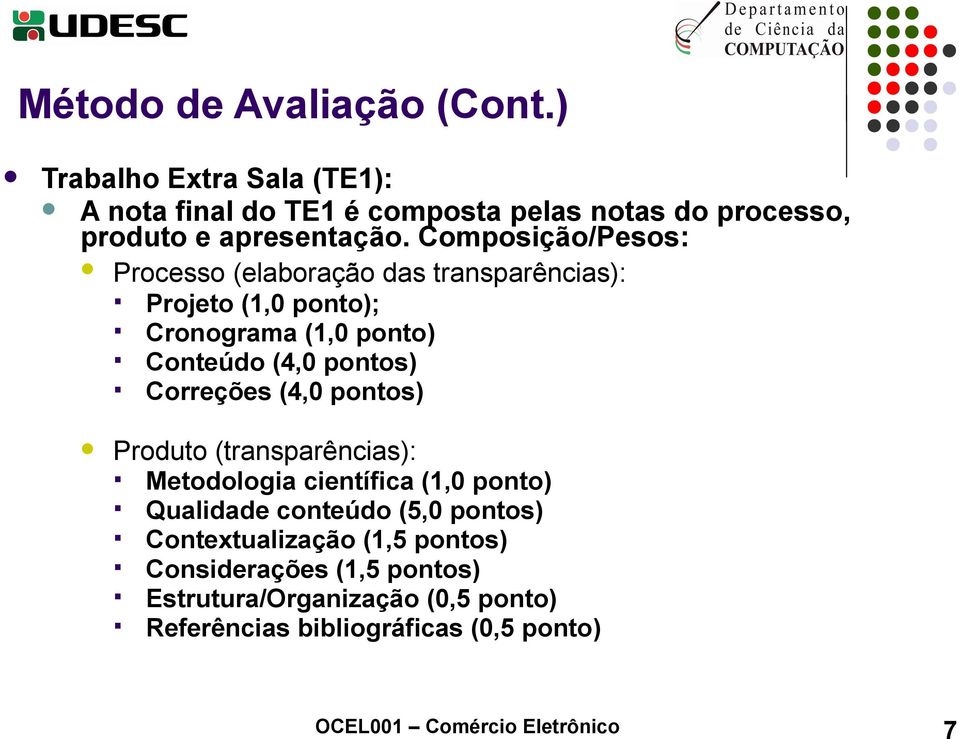 Correções (4,0 pontos) Produto (transparências): Metodologia científica (1,0 ponto) Qualidade conteúdo (5,0 pontos) Contextualização