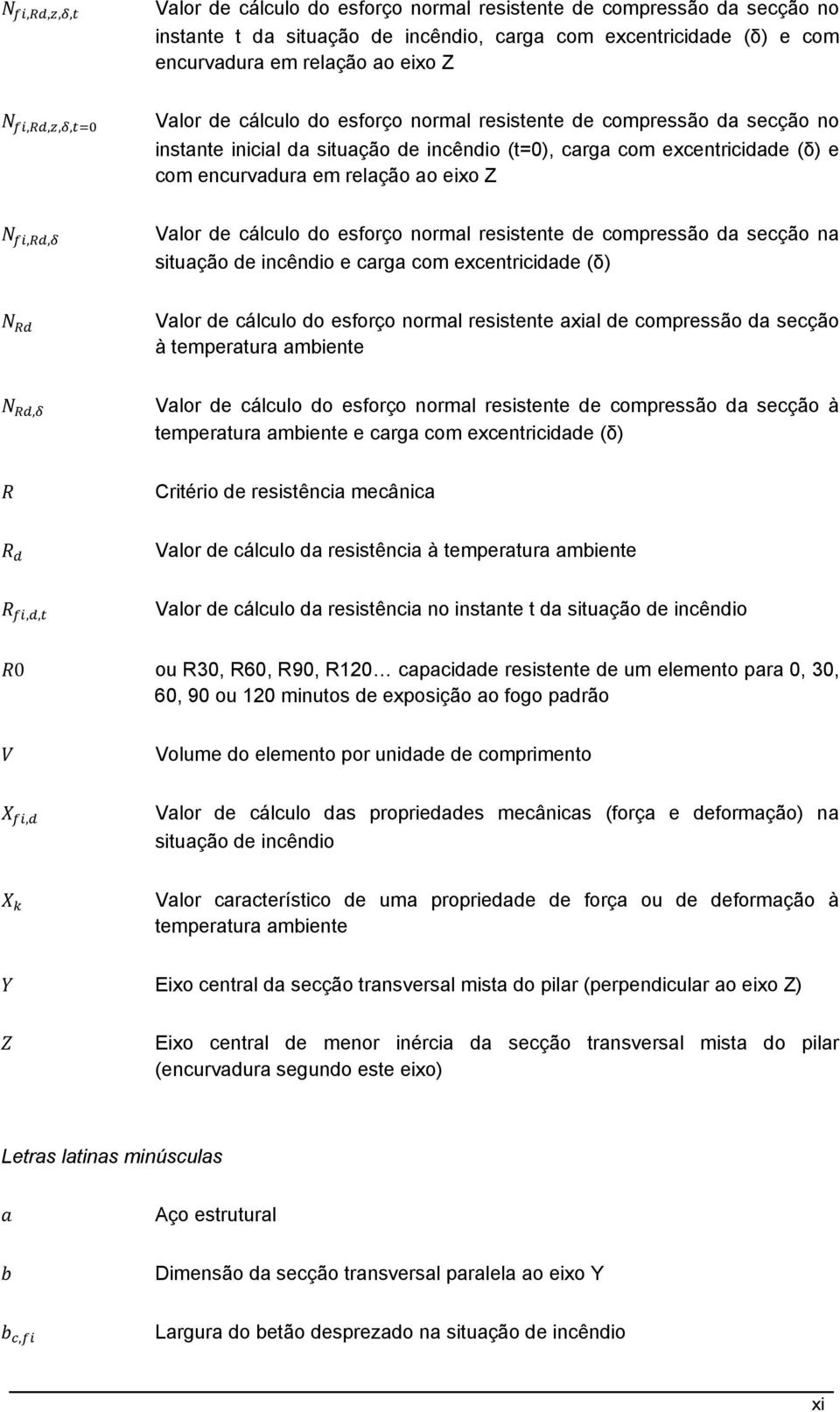 do esforço normal resistente de compressão da secção na situação de incêndio e carga com excentricidade (δ) Valor de cálculo do esforço normal resistente axial de compressão da secção à temperatura