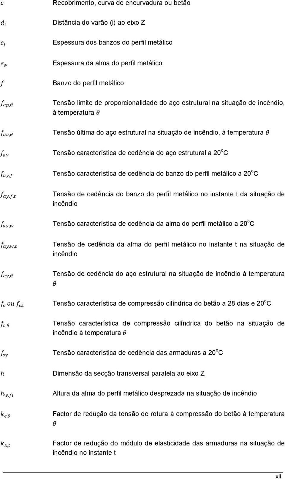 a 20 o C, Tensão característica de cedência do banzo do perfil metálico a 20 o C,, Tensão de cedência do banzo do perfil metálico no instante t da situação de incêndio, Tensão característica de