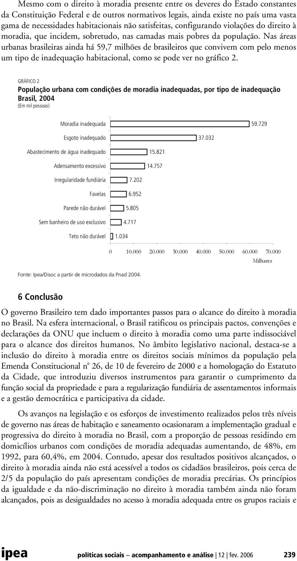 Nas áreas urbanas brasileiras ainda há 59,7 milhões de brasileiros que convivem com pelo menos um tipo de inadequação habitacional, como se pode ver no gráfico 2.