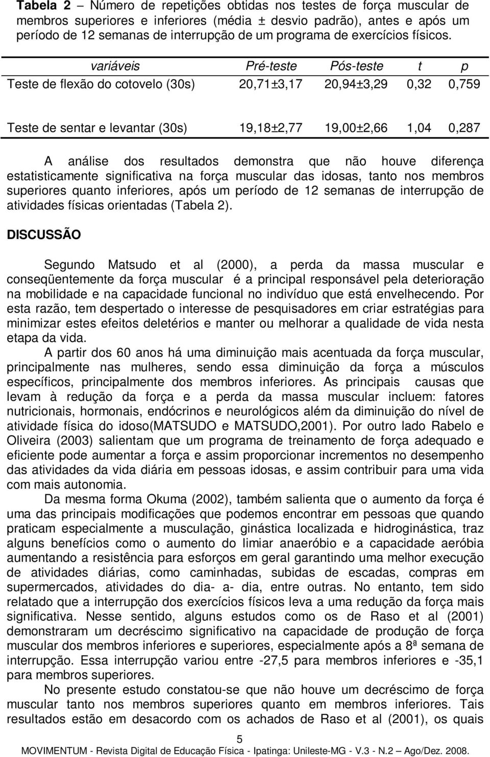 variáveis Pré-teste Pós-teste t p Teste de flexão do cotovelo (30s) 20,71±3,17 20,94±3,29 0,32 0,759 Teste de sentar e levantar (30s) 19,18±2,77 19,00±2,66 1,04 0,287 A análise dos resultados