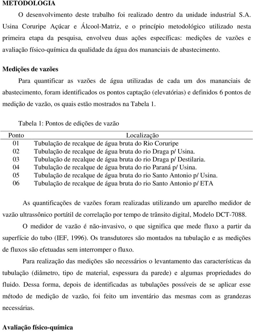 Usina Coruripe Açúcar e Álcool-Matriz, e o princípio metodológico utilizado nesta primeira etapa da pesquisa, envolveu duas ações específicas: medições de vazões e avaliação físico-química da