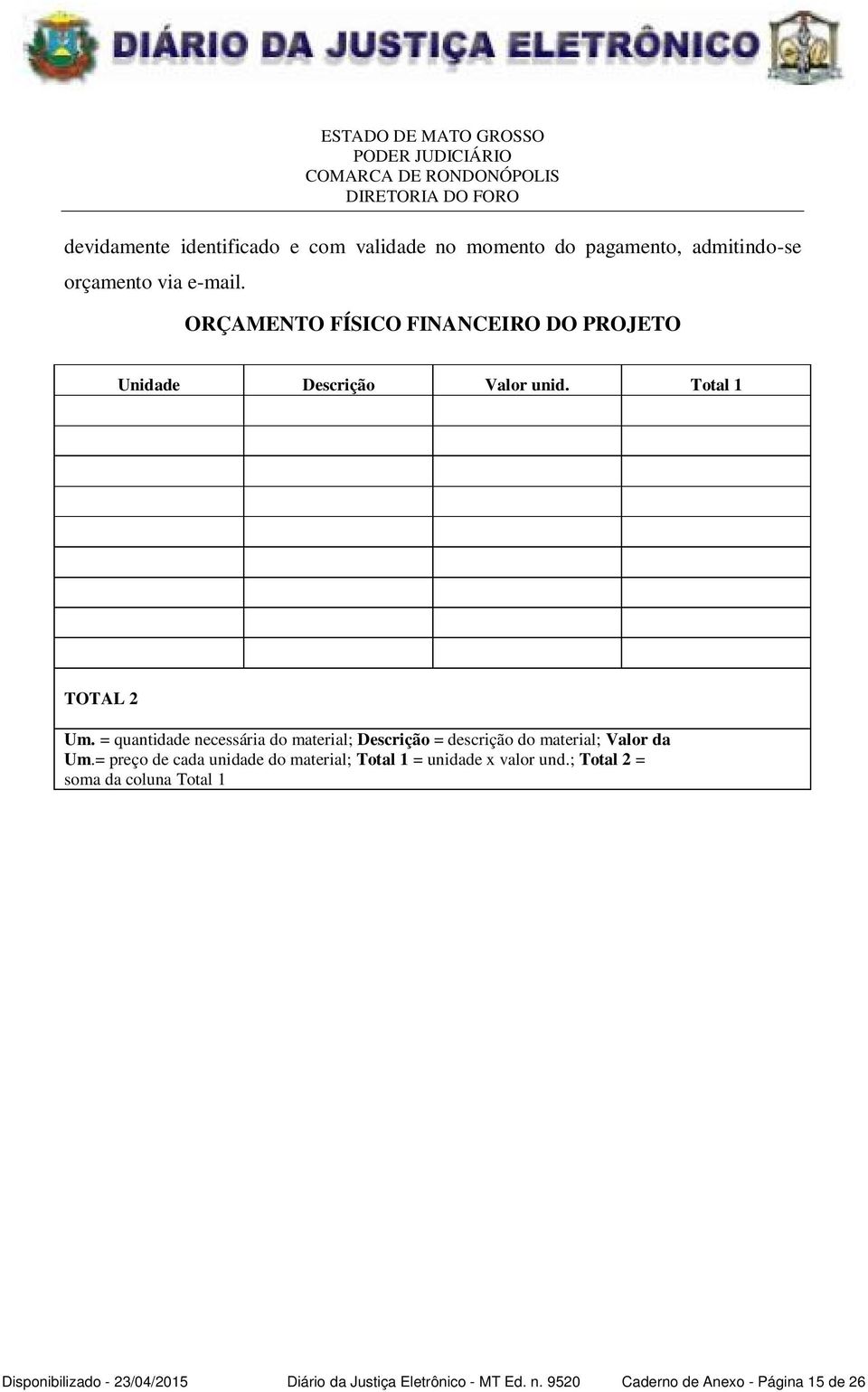 = quantidade necessária do material; Descrição = descrição do material; Valor da Um.