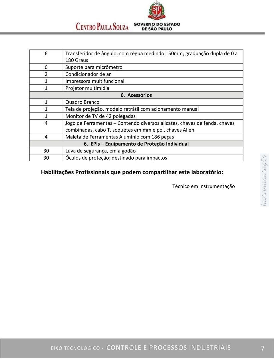 Acessórios 1 Quadro Branco 1 Tela de projeção, modelo retrátil com acionamento manual 1 Monitor de TV de 42 polegadas 4 Jogo de Ferramentas Contendo diversos alicates,