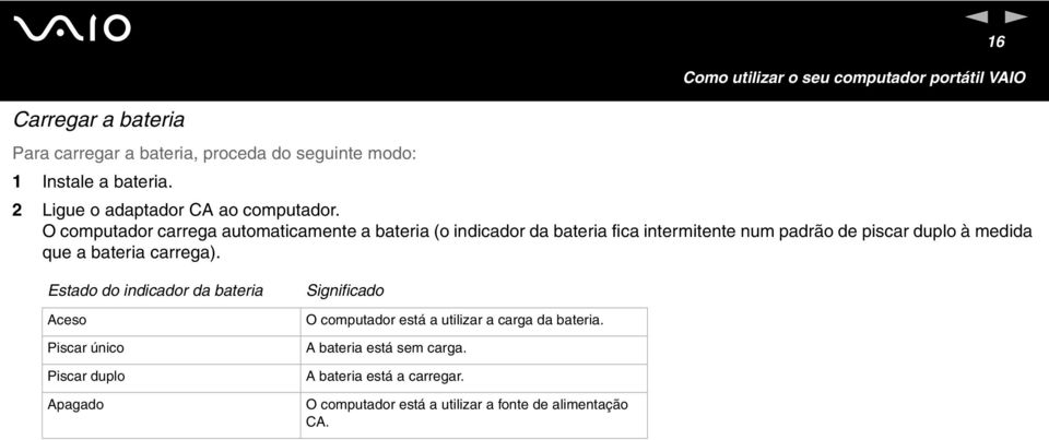 O computador carrega automaticamete a bateria (o idicador da bateria fica itermitete um padrão de piscar duplo à medida que a bateria