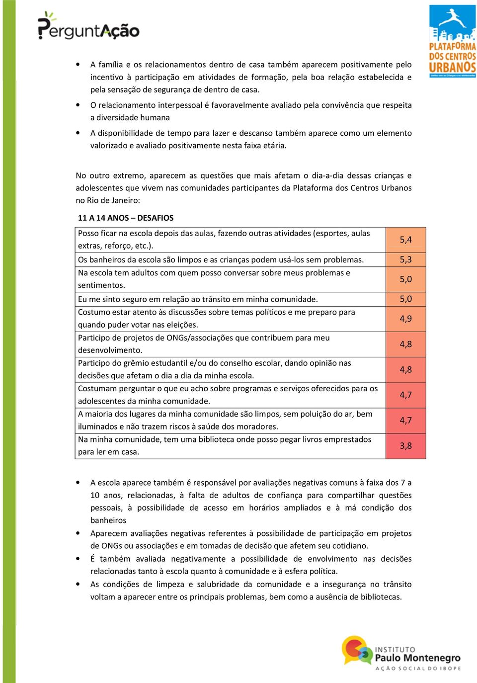 O relacionamento interpessoal é favoravelmente avaliado pela convivência que respeita a diversidade humana A disponibilidade de tempo para lazer e descanso também aparece como um elemento valorizado