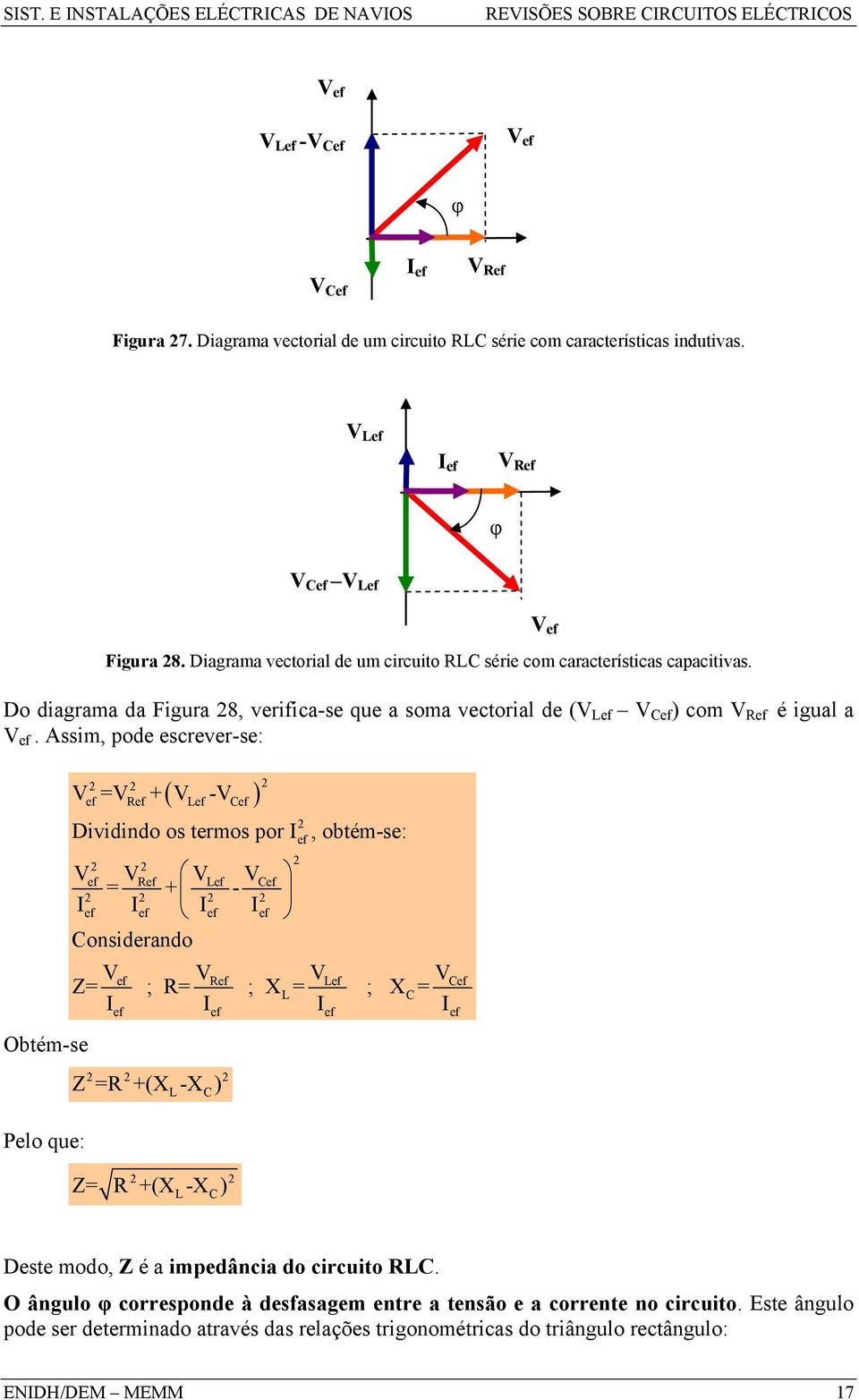 Assi, pode escrever-se: Obté-se Pelo que: ( ) V ef =V Ref + VLef -VCef Dividindo os teros por, obté-se: ef Vef V Ref VLef V Cef = + - ef ef ef ef Considerando V V V V Z= ; R= ; X = ; X = ef Ref Lef