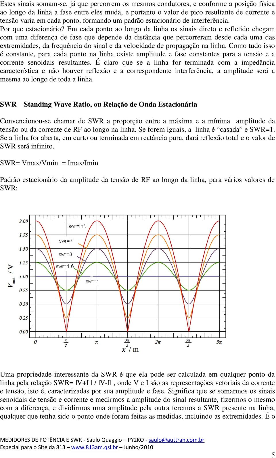 Em cada ponto ao longo da linha os sinais direto e refletido chegam com uma diferença de fase que depende da distância que percorreram desde cada uma das extremidades, da frequência do sinal e da