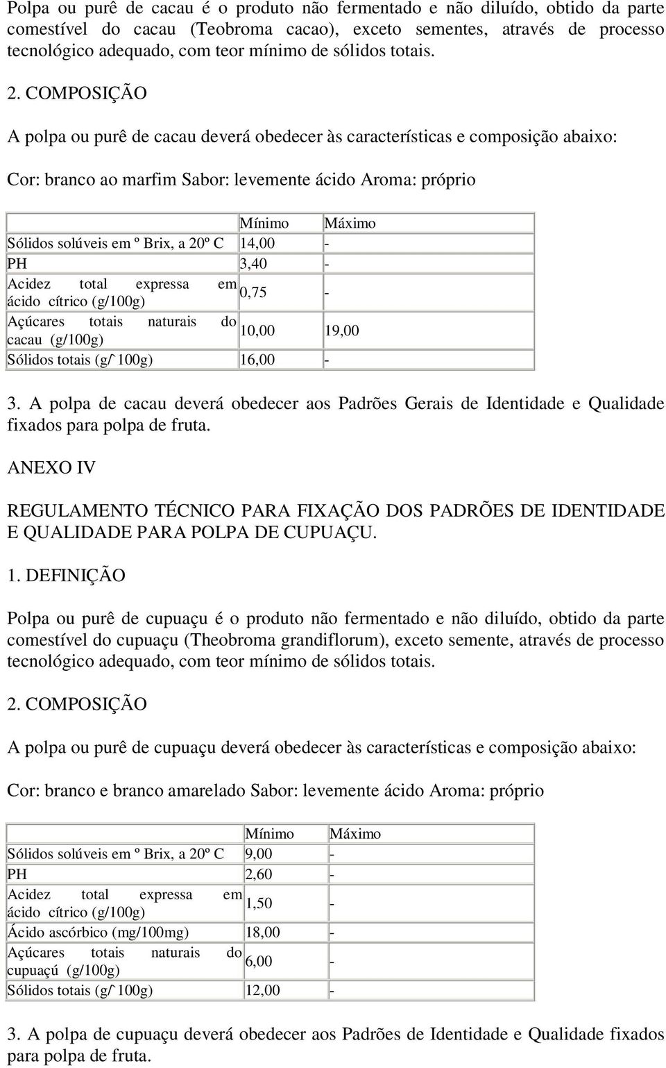 A polpa ou purê de cacau deverá obedecer às características e composição abaixo: Cor: branco ao marfim Sabor: levemente ácido Aroma: próprio Sólidos solúveis em º Brix, a 20º C 14,00 PH 3,40 0,75