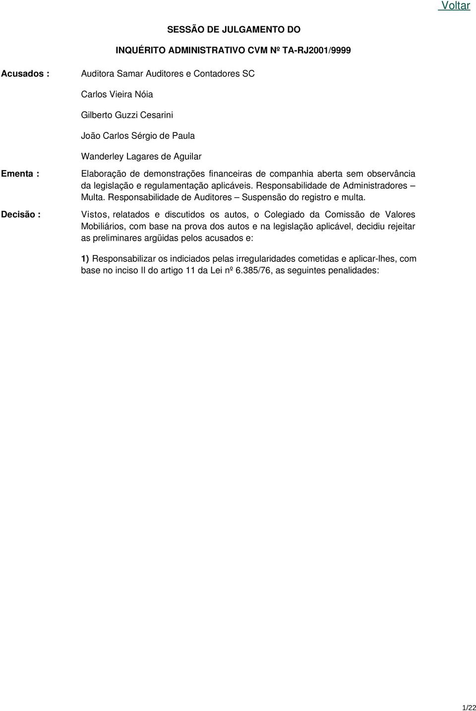 Responsabilidade de Administradores Multa. Responsabilidade de Auditores Suspensão do registro e multa.