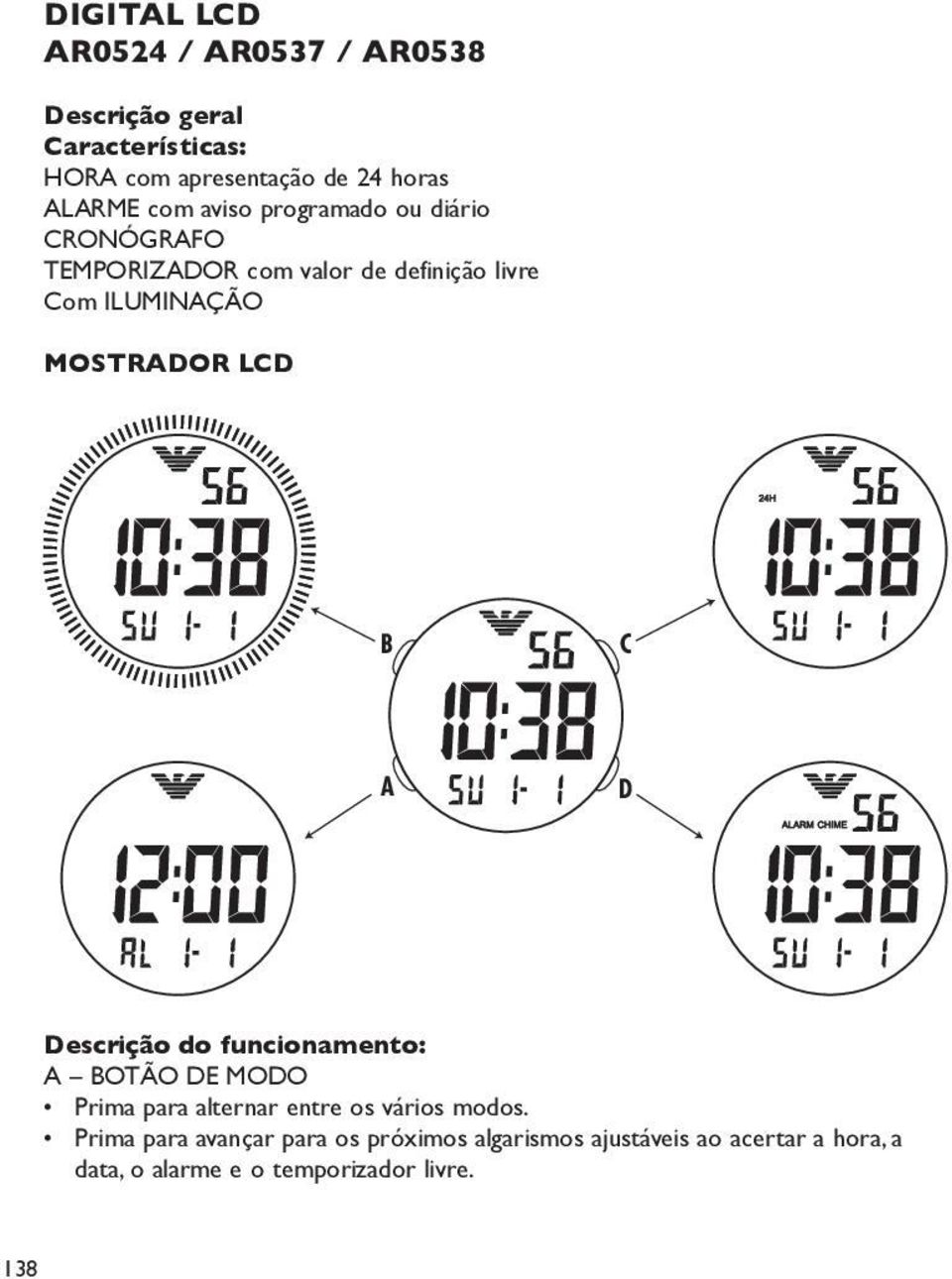 I I I I I I I C D Descrição do funcionamento: OTÃO DE MODO Prima para alternar entre os vários modos.