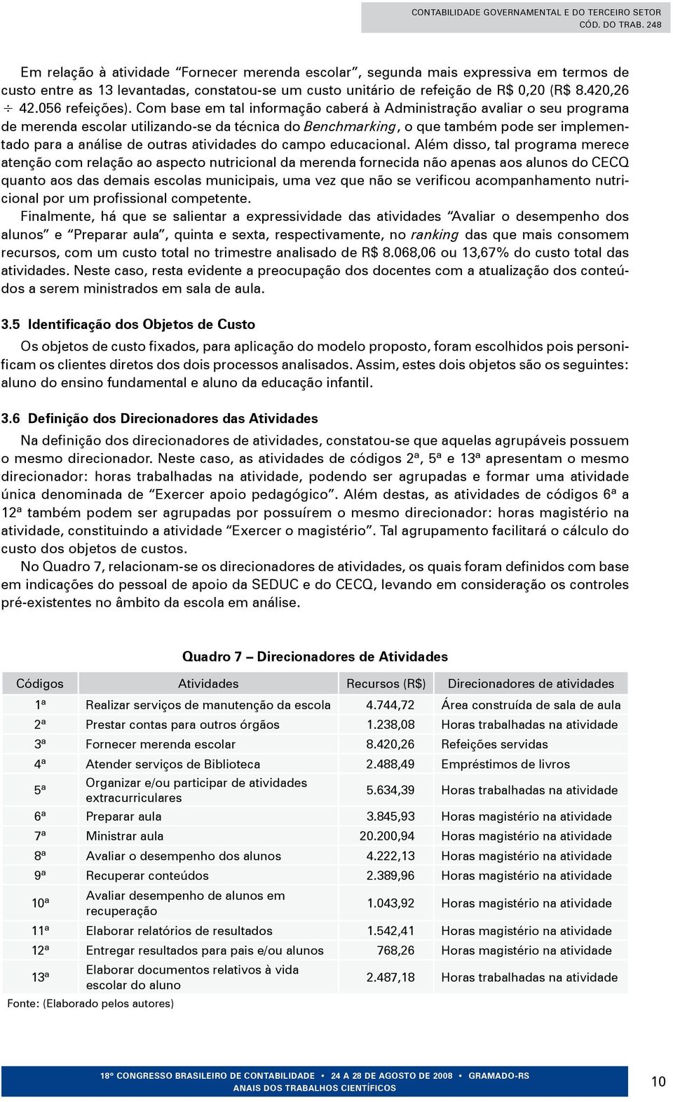 Com base em tal informação caberá à Administração avaliar o seu programa de merenda escolar utilizando-se da técnica do Benchmarking, o que também pode ser implementado para a análise de outras