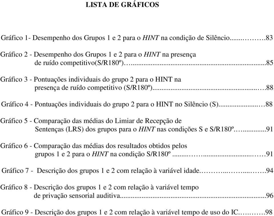 .. 88 Gráfico 5 - Comparação das médias do Limiar de Recepção de Sentenças (LRS) dos grupos para o HINT nas condições S e S/R180º.