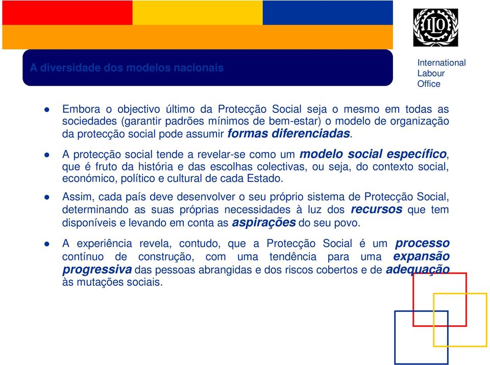 A protecção social tende a revelar-se como um modelo social específico, que é fruto da história e das escolhas colectivas, ou seja, do contexto social, económico, político e cultural de cada Estado.