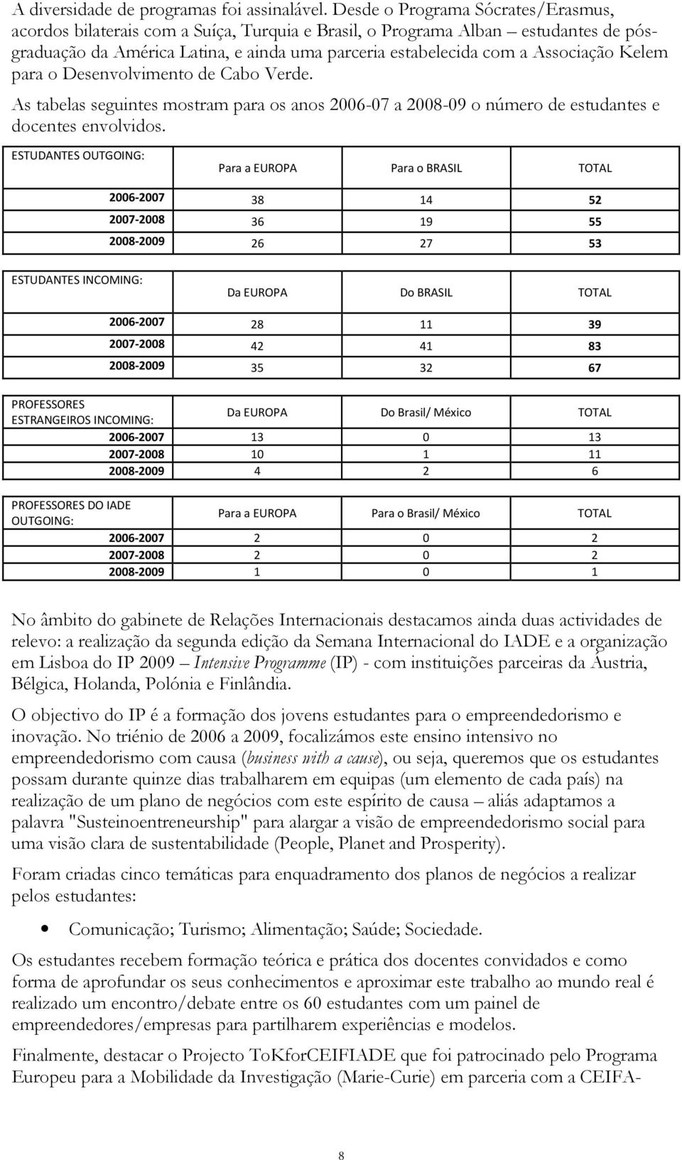 Kelem para o Desenvolvimento de Cabo Verde. As tabelas seguintes mostram para os anos 2006-07 a 2008-09 o número de estudantes e docentes envolvidos.