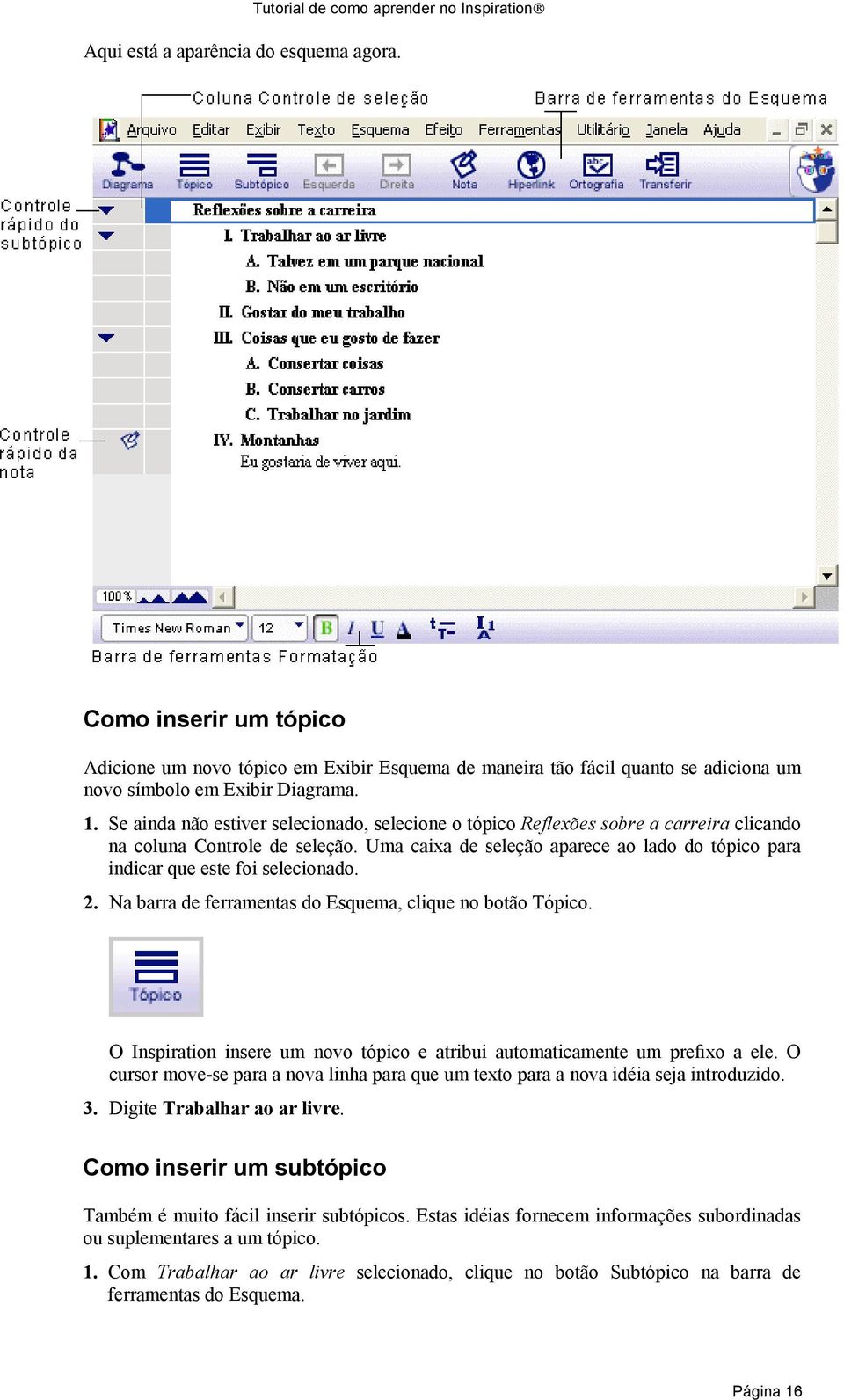 Uma caixa de seleção aparece ao lado do tópico para indicar que este foi selecionado. 2. Na barra de ferramentas do Esquema, clique no botão Tópico.