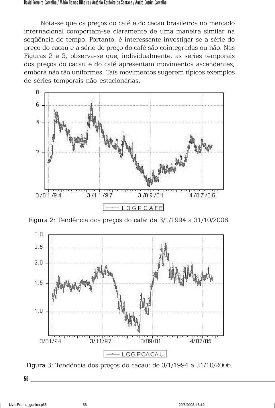 Nas Figuras 2 e 3, observa-se que, individualmente, as séries temporais dos preços do cacau e do café apresentam movimentos ascendentes, embora não tão uniformes.