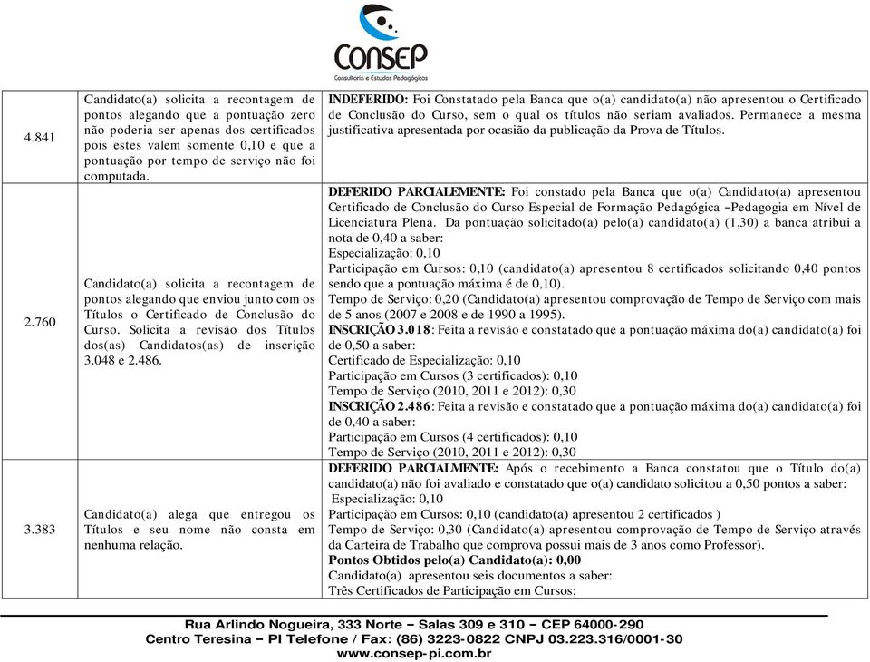 computada. Candidato(a) solicita a recontagem de pontos alegando que enviou junto com os Títulos o Certificado de Conclusão do Curso.