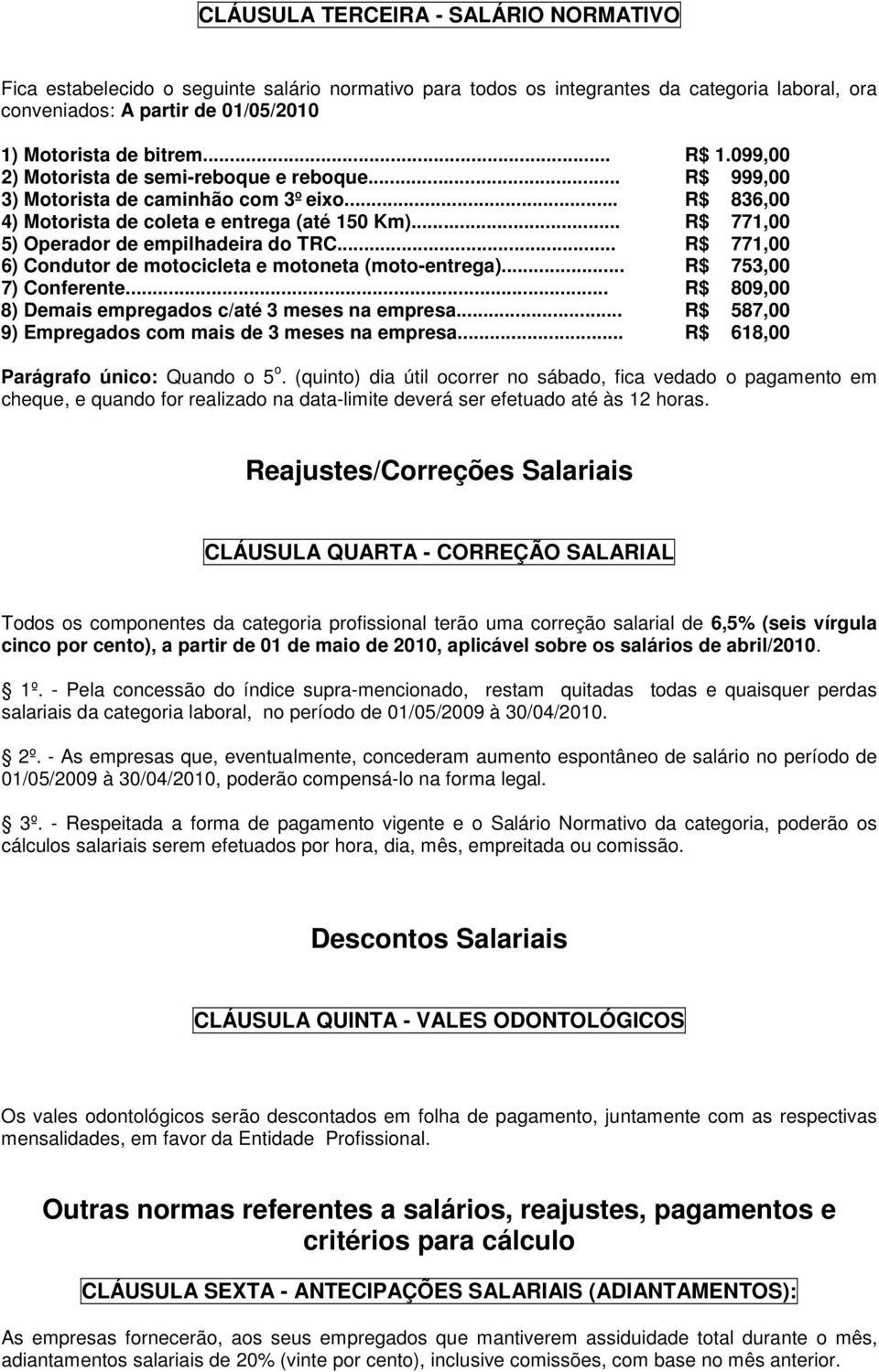 .. R$ 771,00 5) Operador de empilhadeira do TRC... R$ 771,00 6) Condutor de motocicleta e motoneta (moto-entrega)... R$ 753,00 7) Conferente... R$ 809,00 8) Demais empregados c/até 3 meses na empresa.