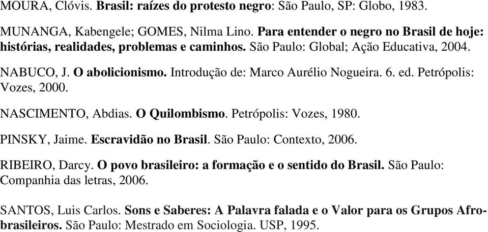 Introdução de: Marco Aurélio Nogueira. 6. ed. Petrópolis: Vozes, 2000. NASCIMENTO, Abdias. O Quilombismo. Petrópolis: Vozes, 1980. PINSKY, Jaime. Escravidão no Brasil.