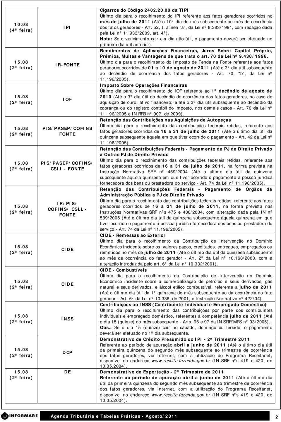 52, I, alínea "a", da Lei nº 8.383/1991, com redação dada pela Lei nº 11.933/2009, art. 4º). Nota: Se o vencimento cair em dia não útil, o pagamento deverá ser efetuado no primeiro dia útil anterior).