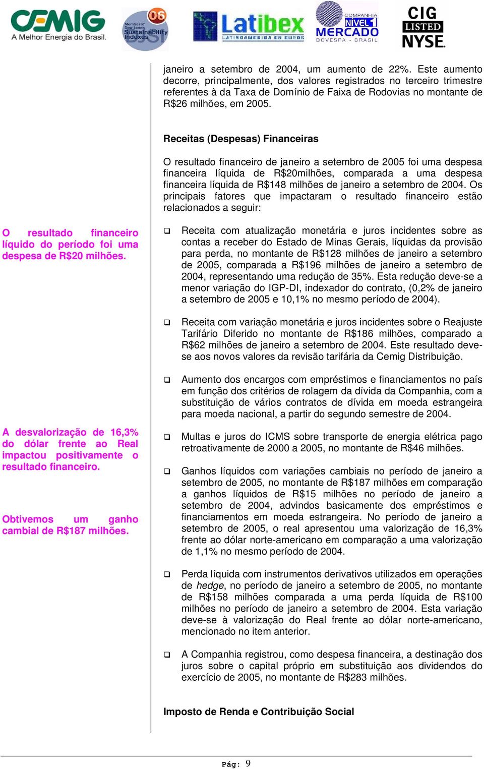 Receitas (Despesas) Financeiras O resultado financeiro de janeiro a setembro de 2005 foi uma despesa financeira líquida de R$20milhões, comparada a uma despesa financeira líquida de R$148 milhões de