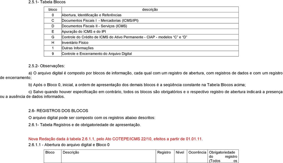 2- Observações: a) O arquivo digital é composto por blocos de informação, cada qual com um registro de abertura, com registros de dados e com um registro de encerramento; b) Após o Bloco 0, inicial,