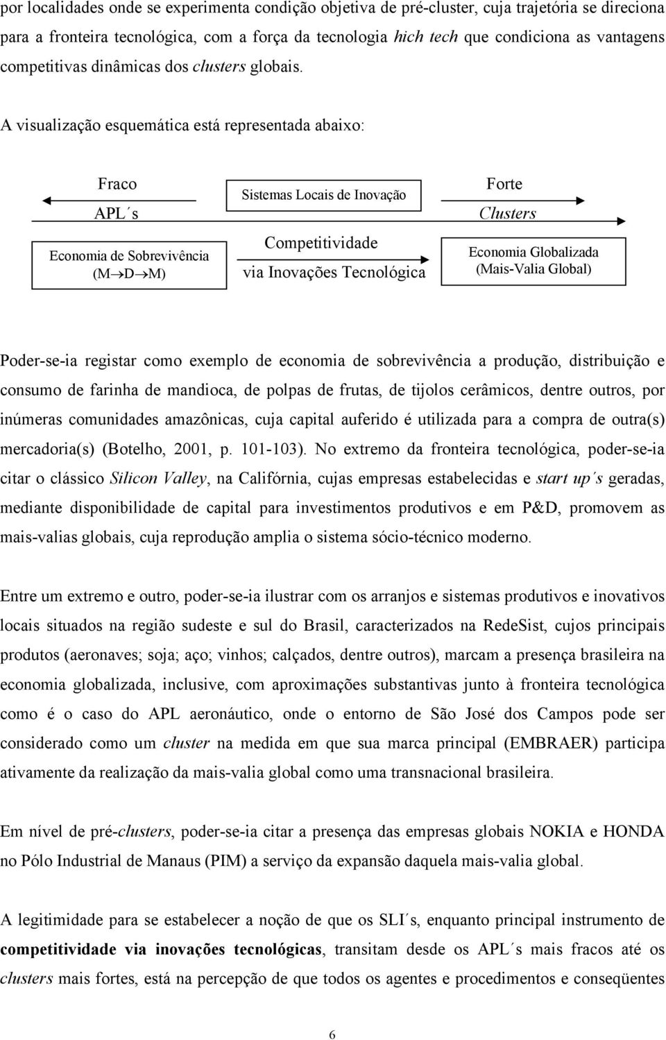 A visualização esquemática está representada abaixo: Fraco APL s Economia de Sobrevivência (M D M) Sistemas Locais de Inovação Competitividade via Inovações Tecnológica Forte Clusters Economia