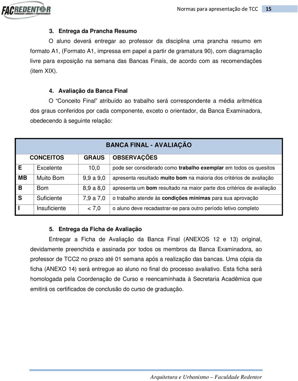 Avaliação da Banca Final O Conceito Final atribuído ao trabalho será correspondente a média aritmética dos graus conferidos por cada componente, exceto o orientador, da Banca Examinadora, obedecendo