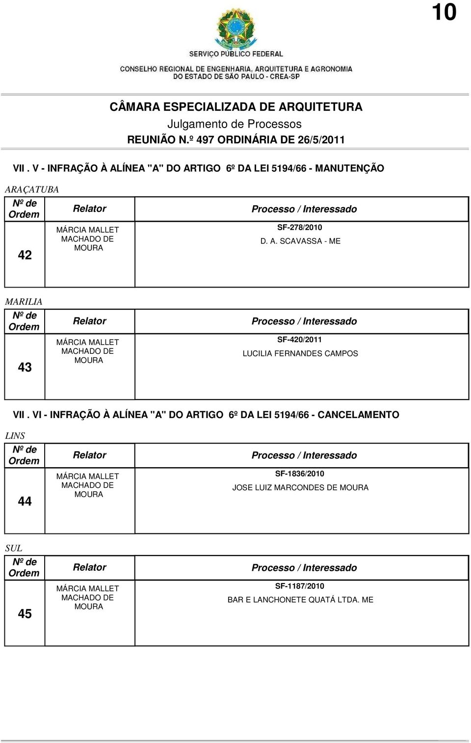 SF-278/2010 D. A. SCAVASSA - ME MARILIA 43 SF-420/2011 LUCILIA FERNANDES CAMPOS VII.