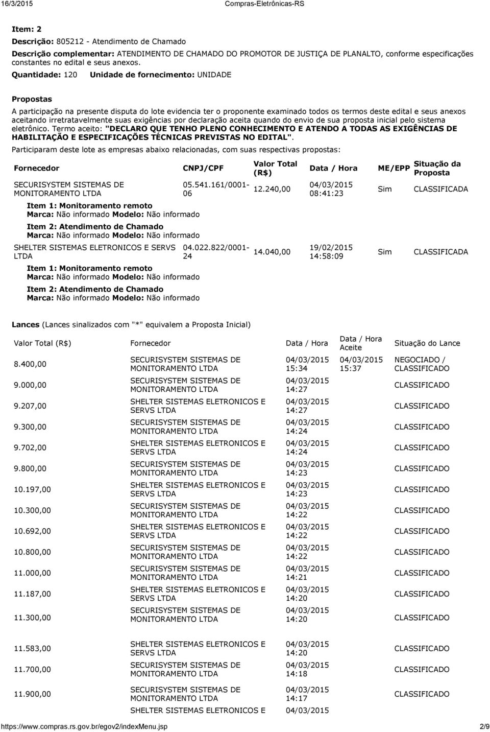 irretratavelmente suas exigências por declaração aceita quando do envio de sua proposta inicial pelo sistema eletrônico.