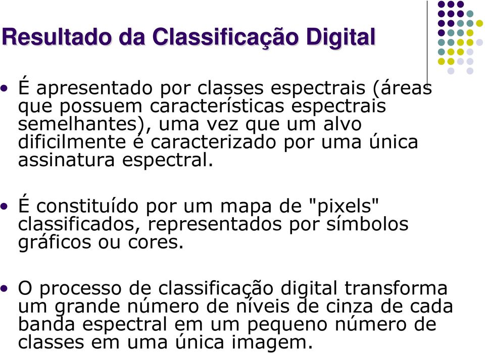 É constituído por um mapa de "pixels" classificados, representados por símbolos gráficos ou cores.
