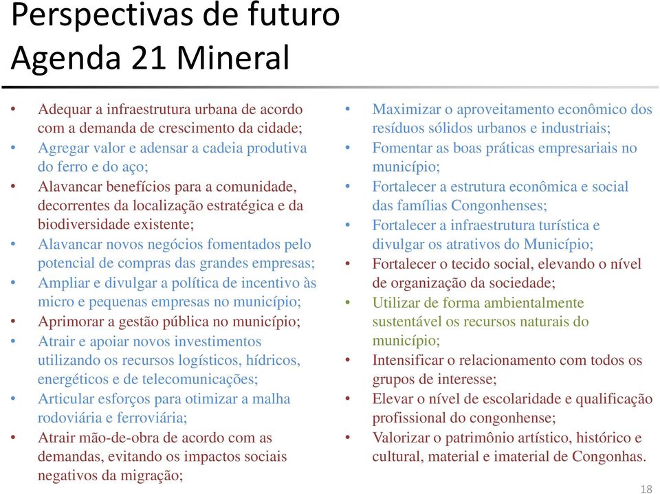 estratégica e da biodiversidade existente; Fortalecer a estrutura econômica e social das famílias Congonhenses; Fortalecer a infraestrutura turística e Alavancar novos negócios fomentados pelo