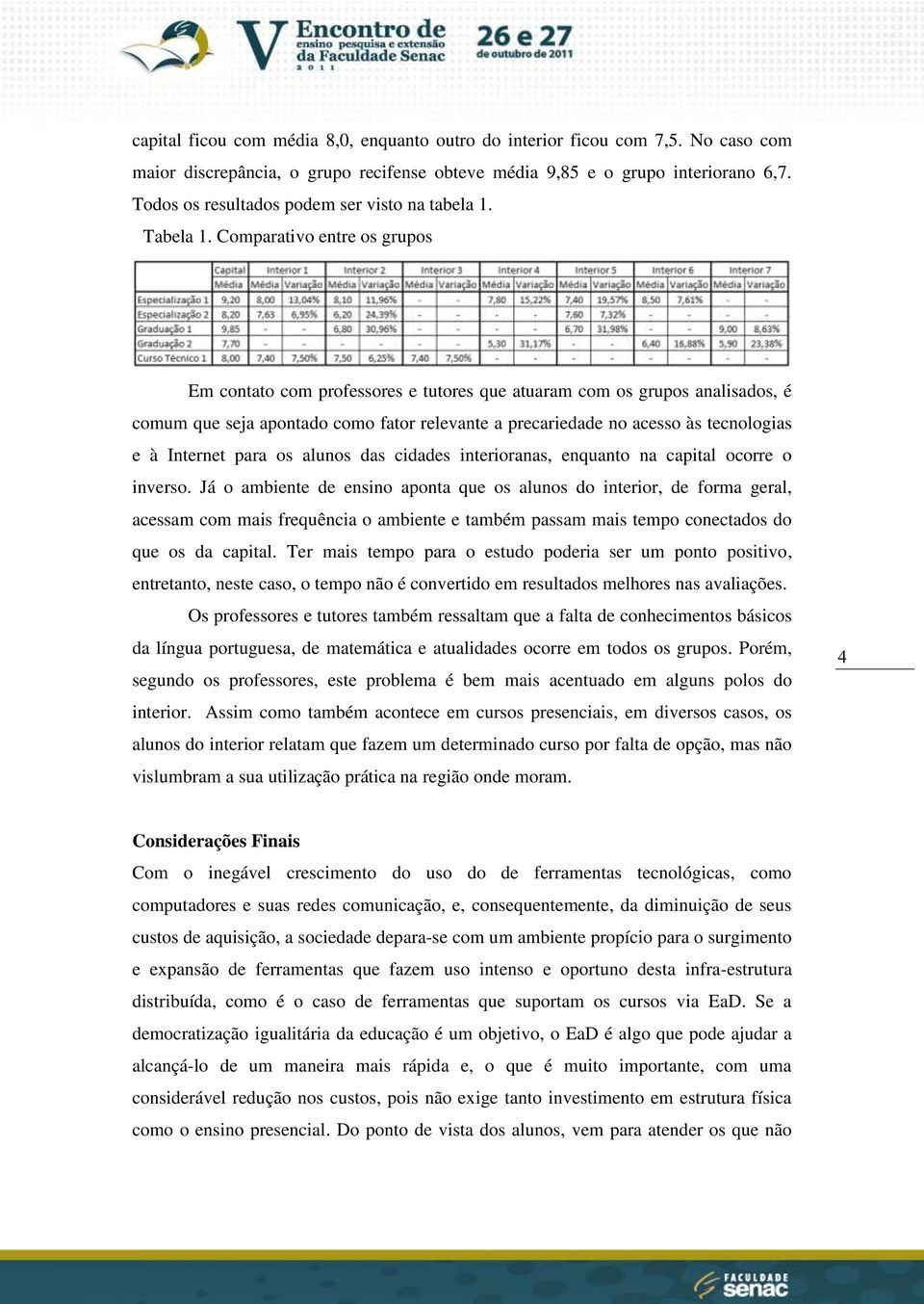 Comparativo entre os grupos Em contato com professores e tutores que atuaram com os grupos analisados, é comum que seja apontado como fator relevante a precariedade no acesso às tecnologias e à