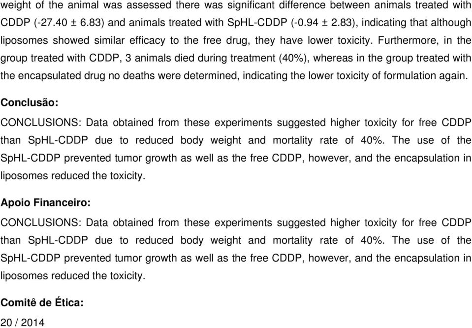 Furthermore, in the group treated with CDDP, 3 animals died during treatment (40%), whereas in the group treated with the encapsulated drug no deaths were determined, indicating the lower toxicity of