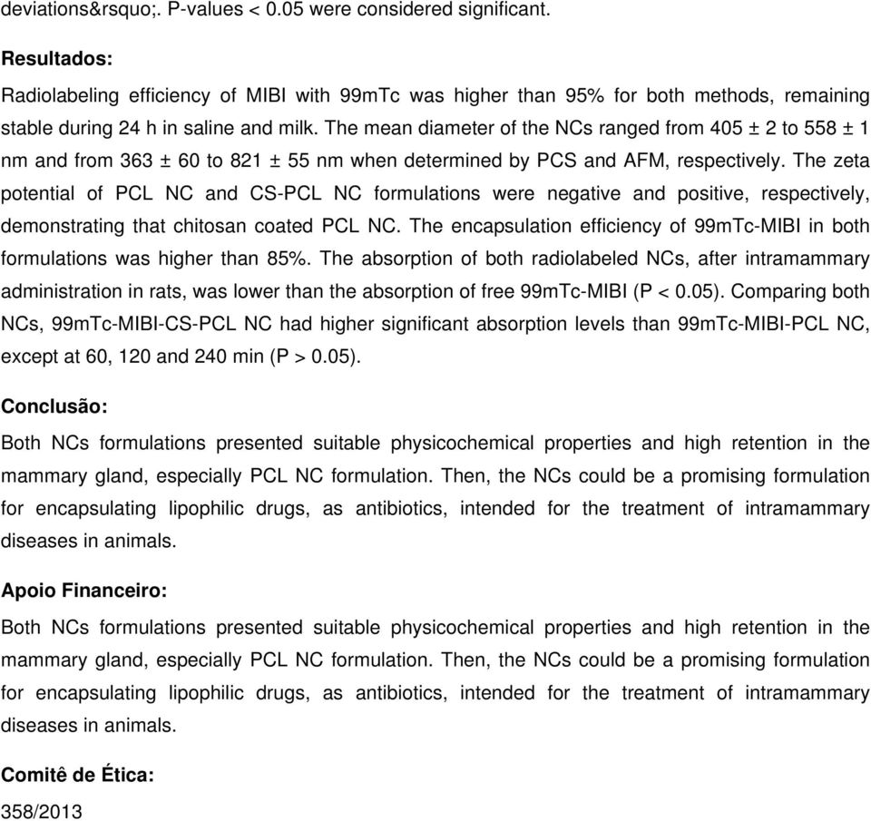 The zeta potential of PCL NC and CS-PCL NC formulations were negative and positive, respectively, demonstrating that chitosan coated PCL NC.