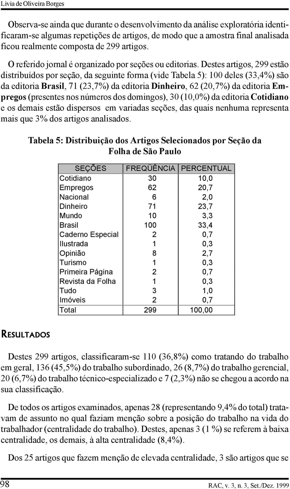 Destes artigos, 299 estão distribuídos por seção, da seguinte forma (vide Tabela 5): 100 deles (33,4%) são da editoria Brasil, 71 (23,7%) da editoria Dinheiro, 62 (20,7%) da editoria Empregos