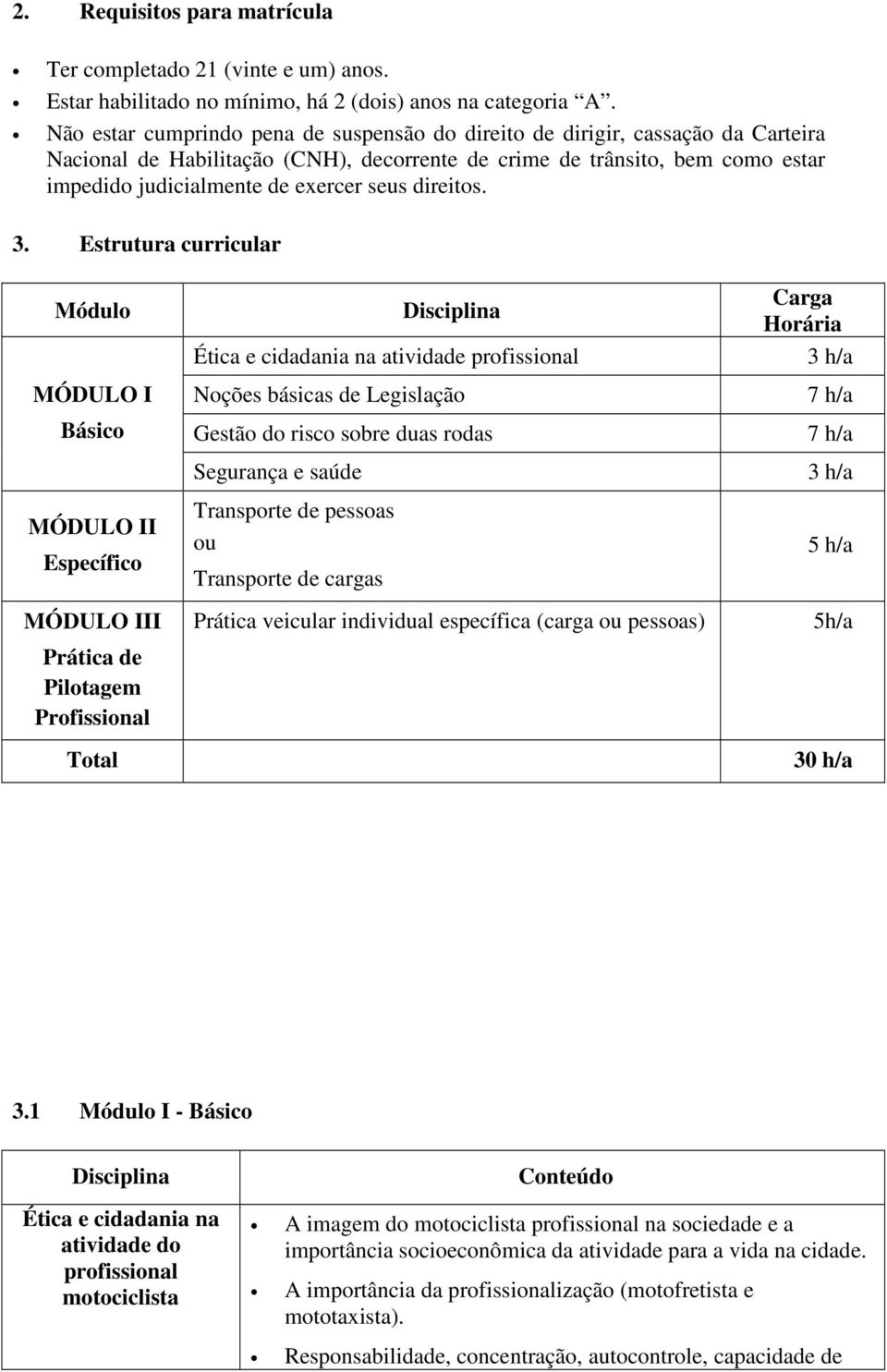 Estrutura curricular Módul MÓDULO I Básic MÓDULO II Específic MÓDULO III Prática de Piltagem Prfissinal Ttal Disciplina Ética e cidadania na atividade prfissinal Nções básicas de Legislaçã Gestã d