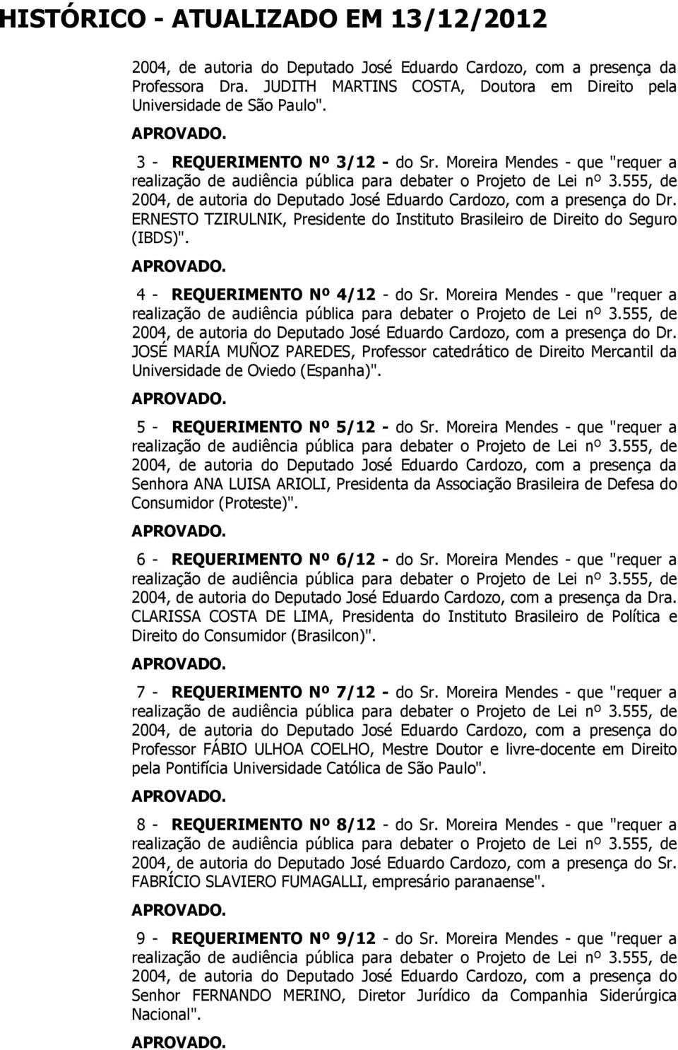 JOSÉ MARÍA MUÑOZ PAREDES, Professor catedrático de Direito Mercantil da Universidade de Oviedo (Espanha)". 5 - REQUERIMENTO Nº 5/12 - do Sr.