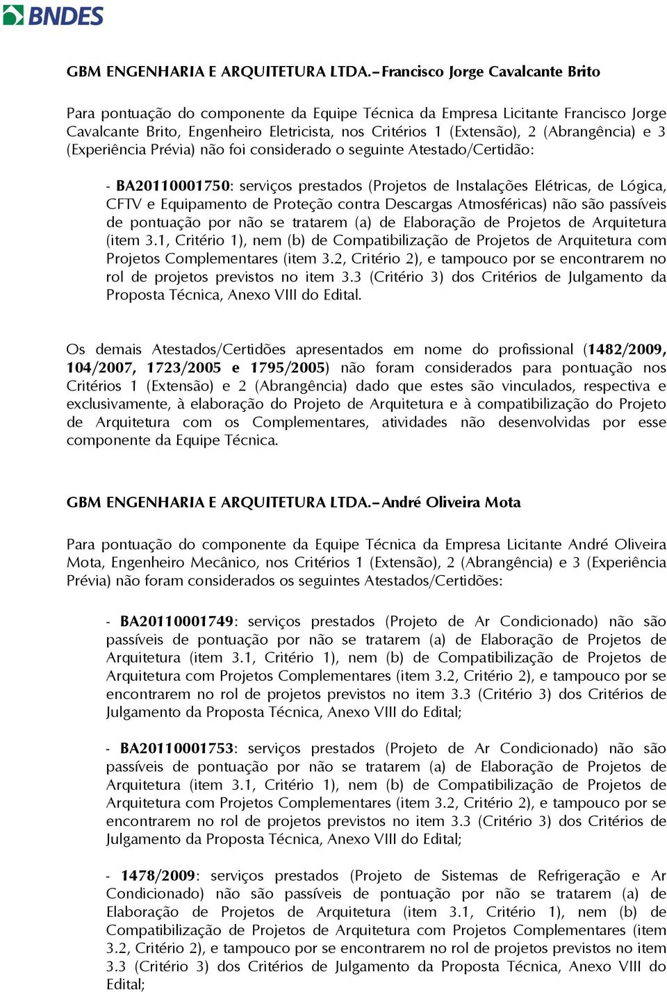 (Abrangência) e 3 (Experiência Prévia) não foi considerado o seguinte Atestado/Certidão: - BA211175: serviços prestados (Projetos de Instalações Elétricas, de Lógica, CFTV e Equipamento de Proteção