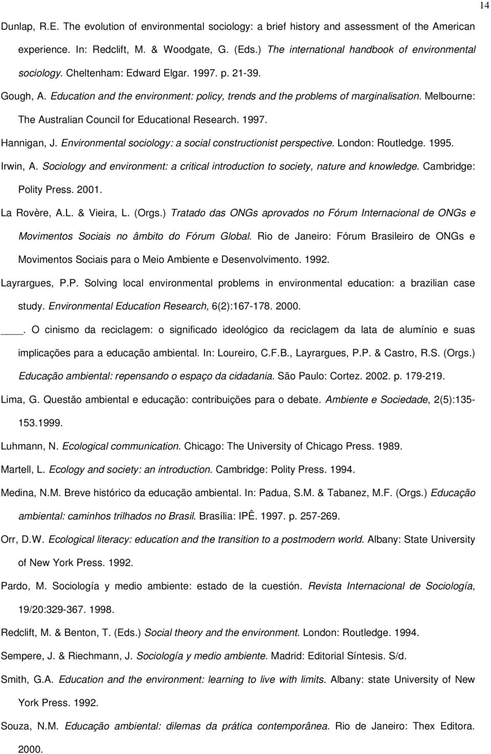 Melbourne: The Australian Council for Educational Research. 1997. Hannigan, J. Environmental sociology: a social constructionist perspective. London: Routledge. 1995. Irwin, A.